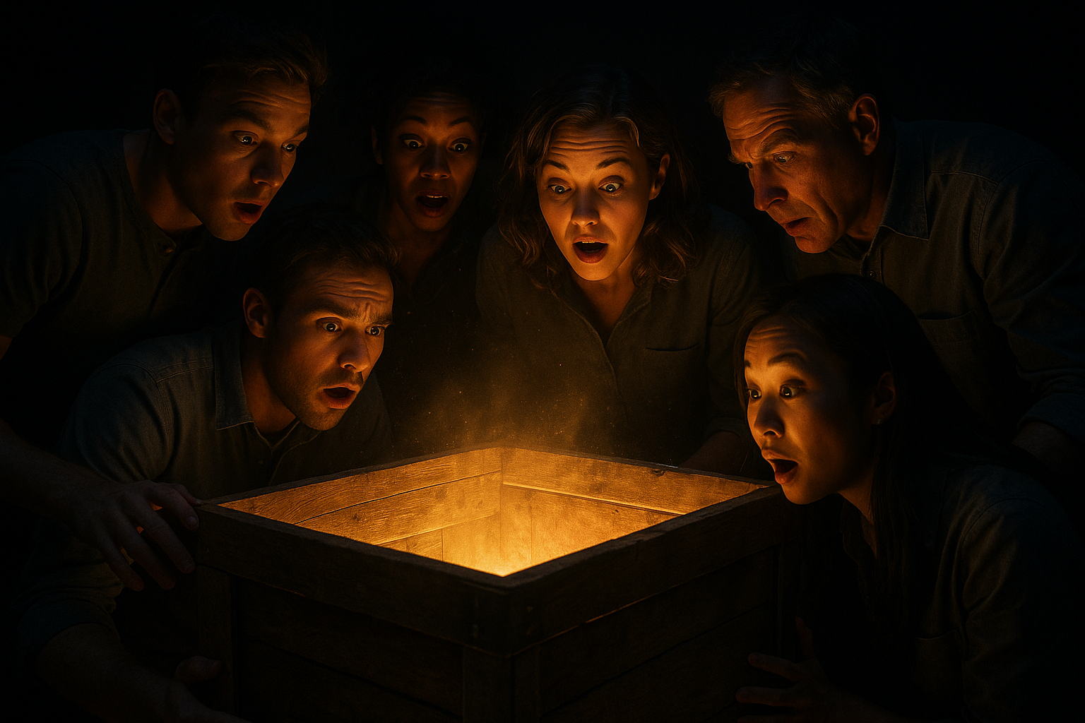 create a picture of a wooden shipping crate with light coming from it surrounded by multiple people looking into the crate with a surprise look on their faces